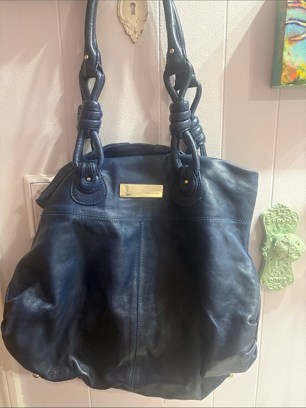 Loeffler Randall Navy Leather Tote with Knotted Handles
